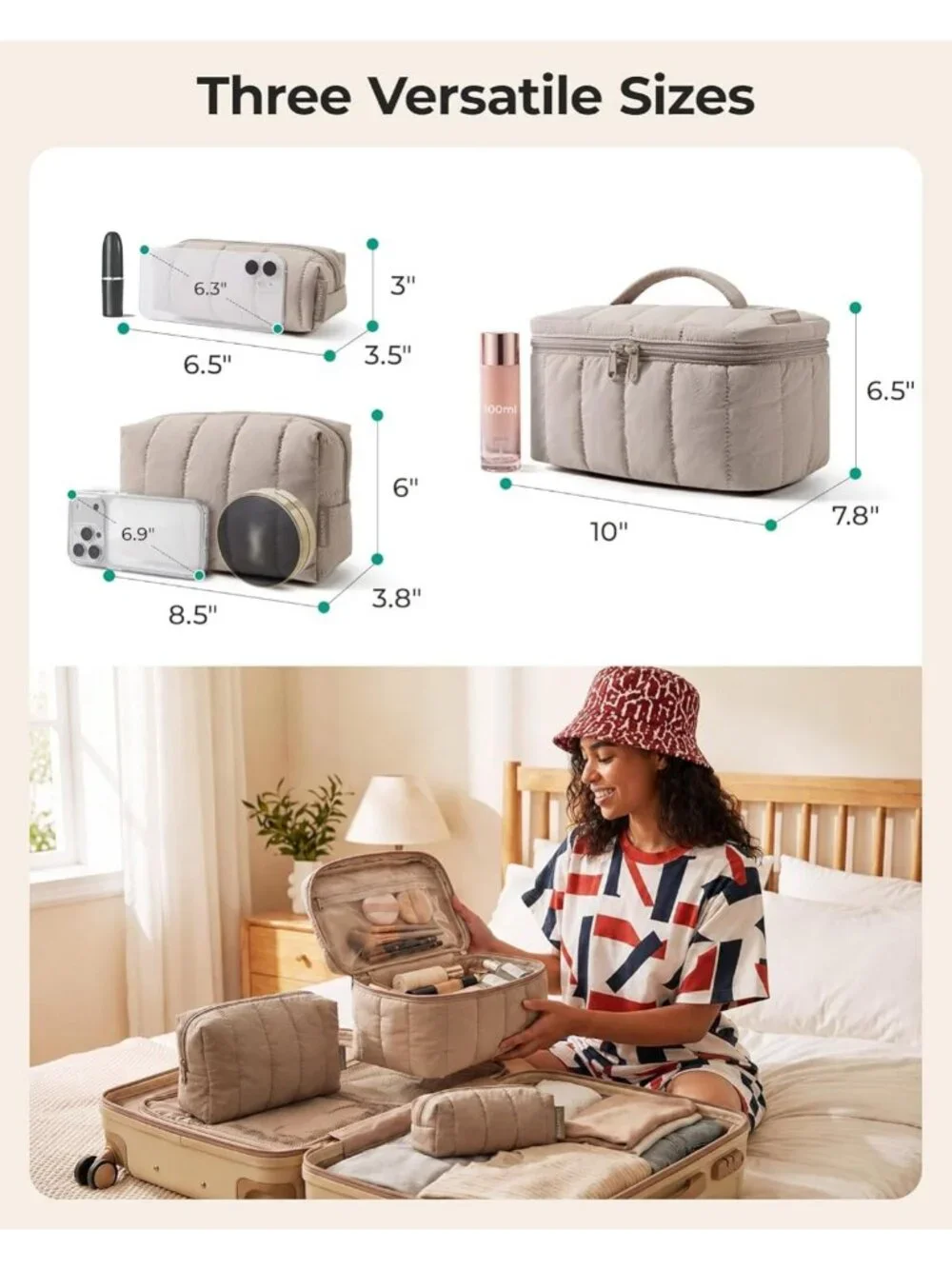 Travel Makeup Organizer Set, 3 Pcs Padded Cosmetic Bags, Large Toiletry Case